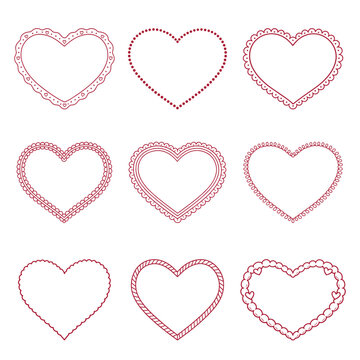 Set of decorative heart frames in red outline illustration vector elements