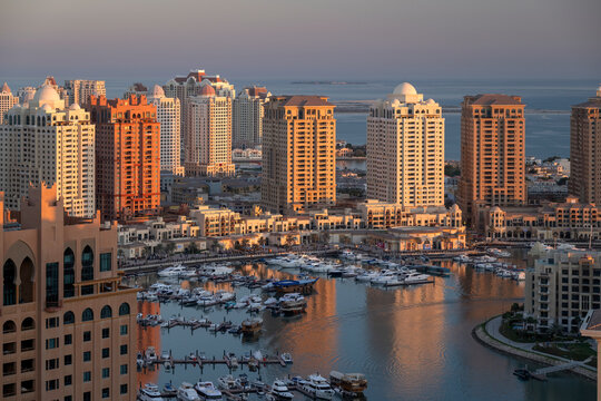 Beautiful Aerial View of Pearl Qatar. Roundabout Pearl Qatar at sunset time.	