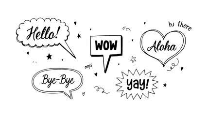 Speech Bubbles with Words Like Hello, Wow, Aloha, Bye-Bye, and Yay in a Doodle Style Featuring Illustration, Hand-Drawn, Text © Komol