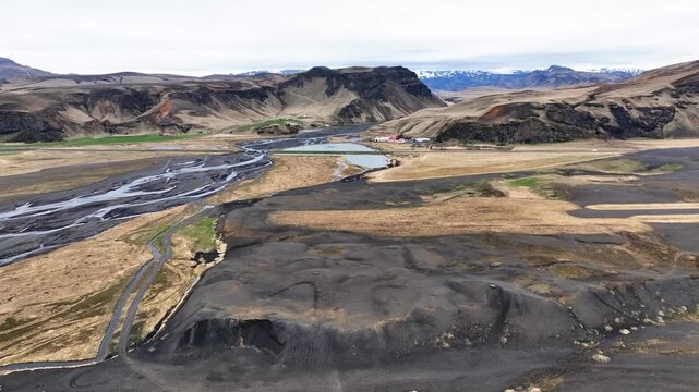 Flying over volcanic landscape in Iceland on a cloudy day