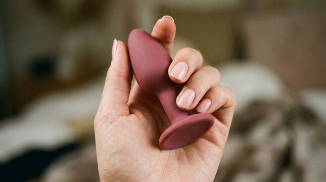 Extreme close-up of a woman's hand holding a sleek butt plug against a clean minimalist background, intimate product variety concept