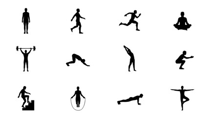 Fototapeta premium Exercises Illustrated in Black and White Vector Icons Showing Various Fitness Activities and Poses Featuring Exercise, Workout