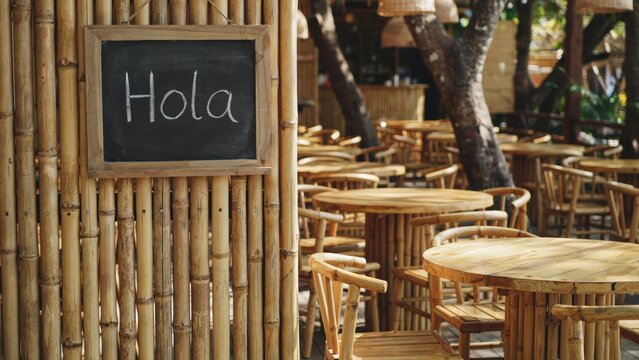 Small chalkboard with Hola greeting on a bamboo wall in an outdoor tropical cafe setting