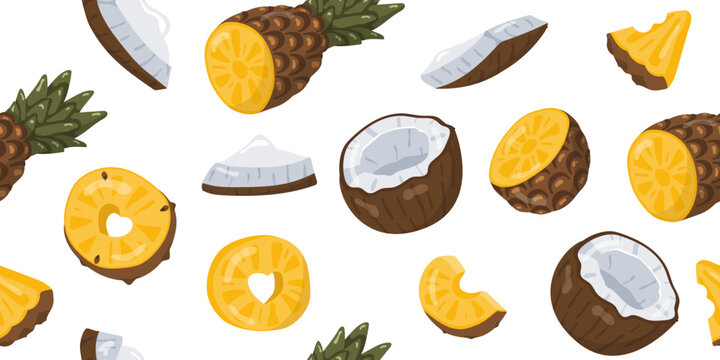Vector seamless pattern with pineapple and coconut pieces. Image for children's clothing, posters, and flyers.