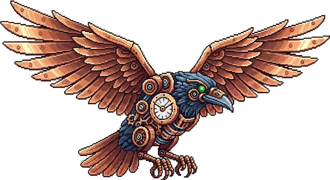 Steampunk Mechanical Raven Bird with Clockwork Details.