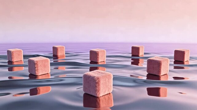 Pink cubes floating on reflective water