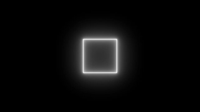 Glowing neon square frame animation. White color neon box icon. Neon Figure On Black Background. 4k regulation video.