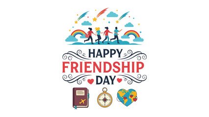 Happy Friendship Day Celebration: A vibrant illustration depicts a group of friends running across a rainbow under a sky filled with shooting stars and colorful clouds. © Mahbuba