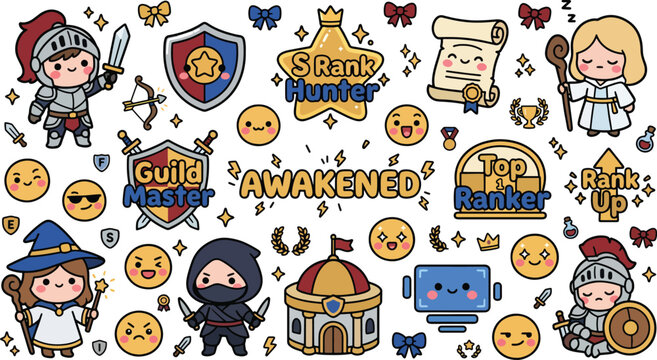 Cute rpg game character and fantasy icon set
