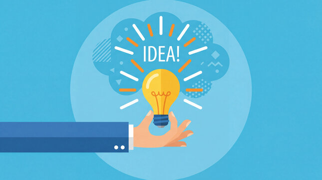 hand holding a light bulb, concept of a sudden idea or epiphany, art flat design