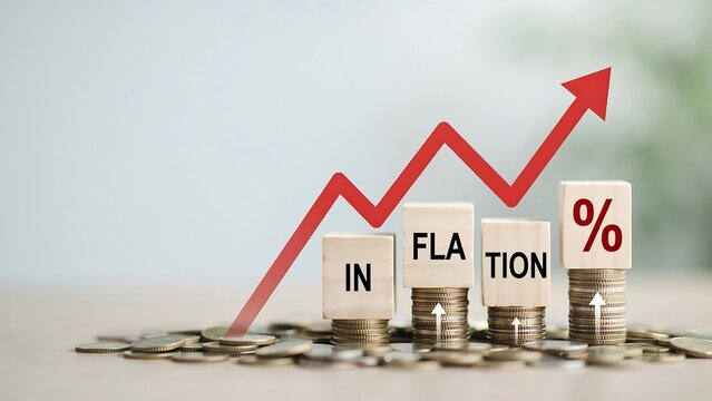 A growing red graph line illustrates rising inflation rates with coins and blocks on a table.