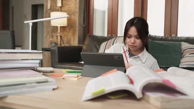 Asian teenage girl concentrates on online class, remote learning at home using tablet, writing and reading textbooks, self-study for back to school, Homeschooling, university education lifestyle.