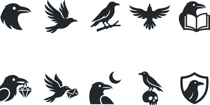 Silhouette of crow and raven icons in black