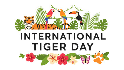 Obraz premium International Tiger Day Celebration: A vibrant graphic celebrating International Tiger Day, featuring a majestic tiger, colorful parrots, and toucan amidst lush tropical foliage and floral accents.