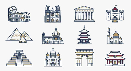 Fototapeta premium Creative Set of Iconic World Landmarks and Architectural Wonders in Monochromatic and Earthy Tones