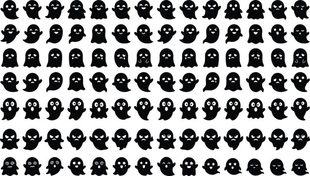 Silhouette of various ghost faces with different emotions