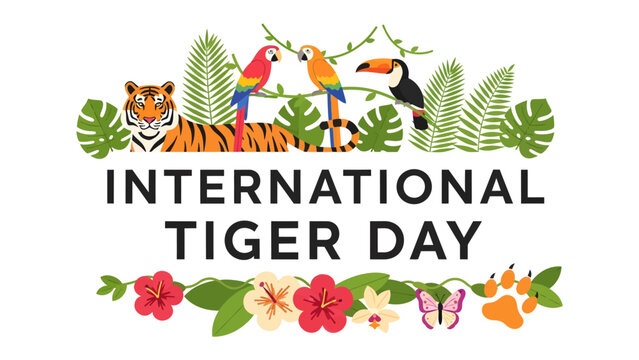 International Tiger Day Celebration: A vibrant graphic celebrating International Tiger Day, featuring a majestic tiger, colorful parrots, and toucan amidst lush tropical foliage and floral accents.