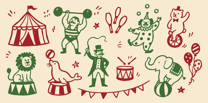 Circus Show Doodle Set Vector Illustration
