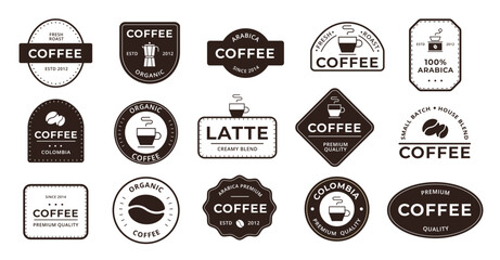 Coffee badge labels with retro cafe logos, arabica roast stamps, latte signs and premium quality emblems for coffee shop branding, packaging, menu and sticker vector design © Ukio.stock