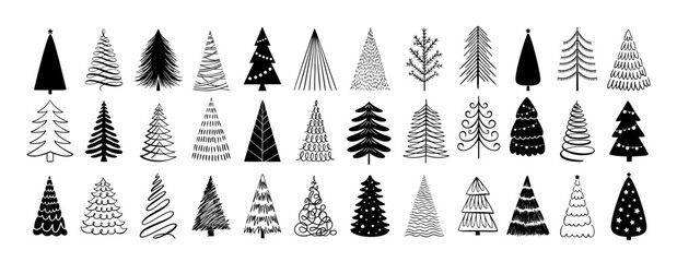 Christmas tree doodles and minimalist winter evergreen icons, hand drawn black and white holiday fir, pine and spruce clipart for greeting card, wrapping and seasonal design. Vector set © Ukio.stock