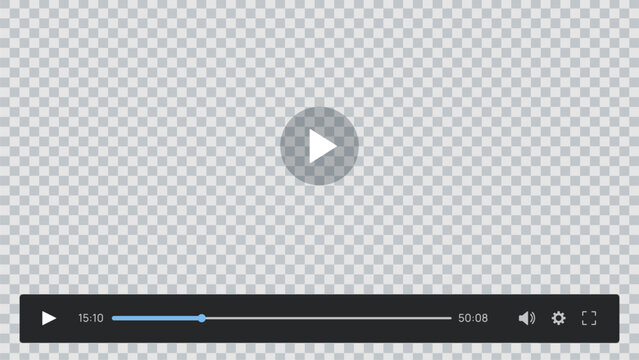 Video player interface mockup with transparent screen, play button, playback controls, timeline slider, volume, settings and full screen icons for streaming app UI vector design