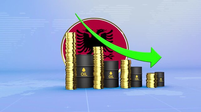 Albania Oil Prices Decline with Oil Barrels, Gold Coins and Downward Green Arrow, 3D Economic and Financial Market Concept