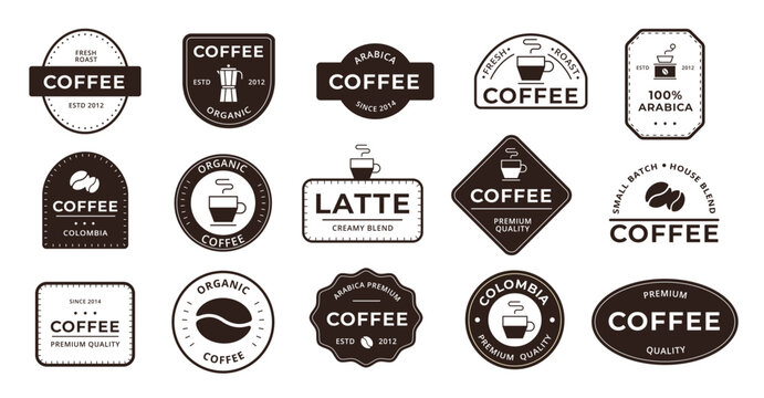 Coffee badge labels with retro cafe logos, arabica roast stamps, latte signs and premium quality emblems for coffee shop branding, packaging, menu and sticker vector design