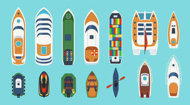 Ship top view vector illustration with colorful yachts, boats, kayak, canoe, ferry, cargo vessel and motorboat icons on blue water background for marine transport and travel design