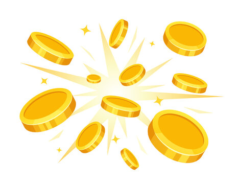 Flying gold coins burst vector illustration with shiny spinning money tokens, dynamic cash explosion and sparkle effects for finance, jackpot, gaming bonus and success advertisement design