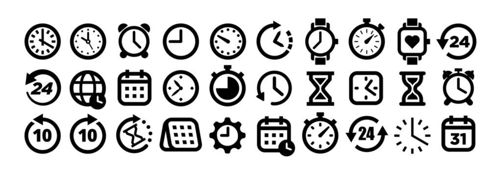 Time watch icons with alarm clock, stopwatch, hourglass, calendar and countdown symbols, black vector glyphs for schedule, deadline, reminder, planning and support dashboard vector isolated set