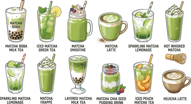 Matcha Green Tea and Boba Milk Tea Vector Drink Set with Latte, Smoothie, Lemonade, and Hojicha Coffee for Cafe Menu Designs