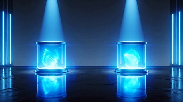 Two glowing blue cylindrical containers on a reflective floor