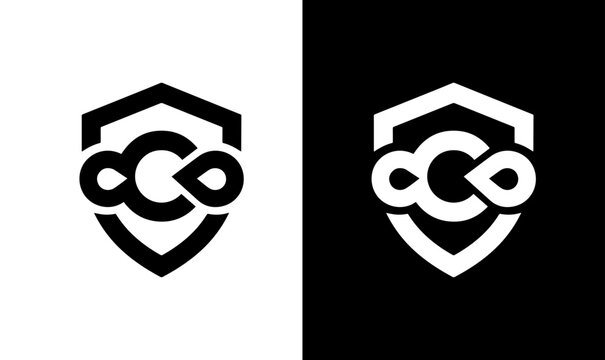 Cyber shield logo icon with geometric letter C monogram and infinity network loop