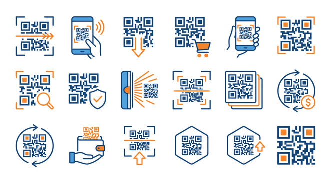 QR code scanning and mobile payment line icons.