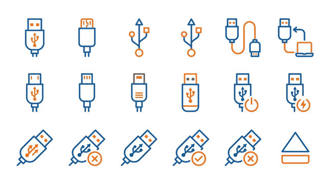 USB connection and cable interface line icon set.