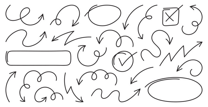 Collection of different shape hand drawn arrows, frames and circles. Doodle style curved and squiggly elements. Vector graphic design.