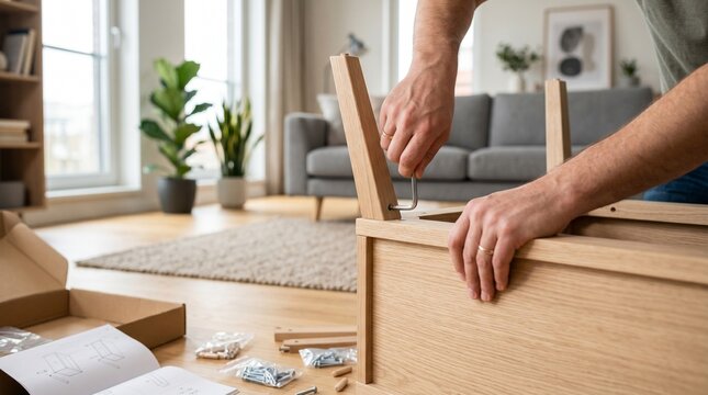 Man assembling wooden furniture using an allen key in a living room