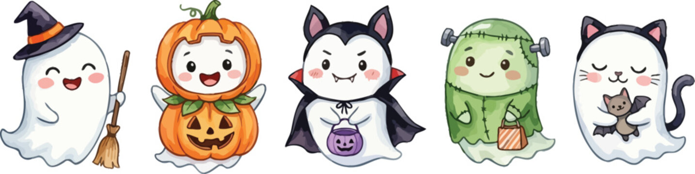 Silhouette of cute Halloween characters in cartoon style