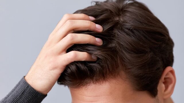 Close Up Of Man Scratching Itchy Scalp With Seborrheic Dermatitis