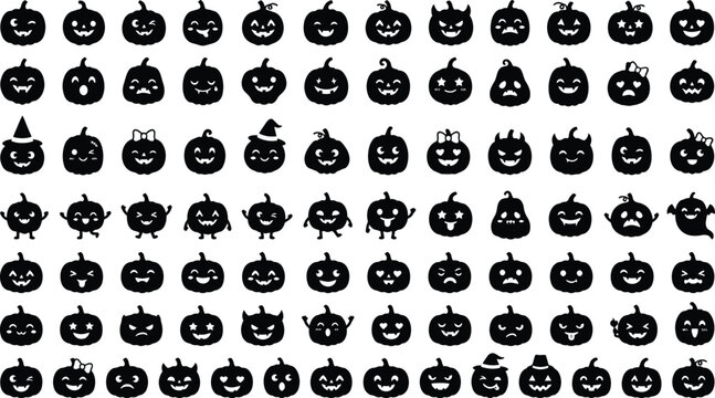 Silhouette of various black Halloween pumpkins with different faces