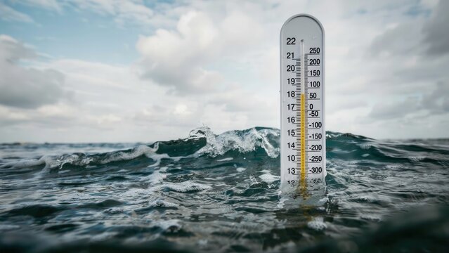 Thermometer submerged in ocean water showing rising sea temperatures due to global warming.