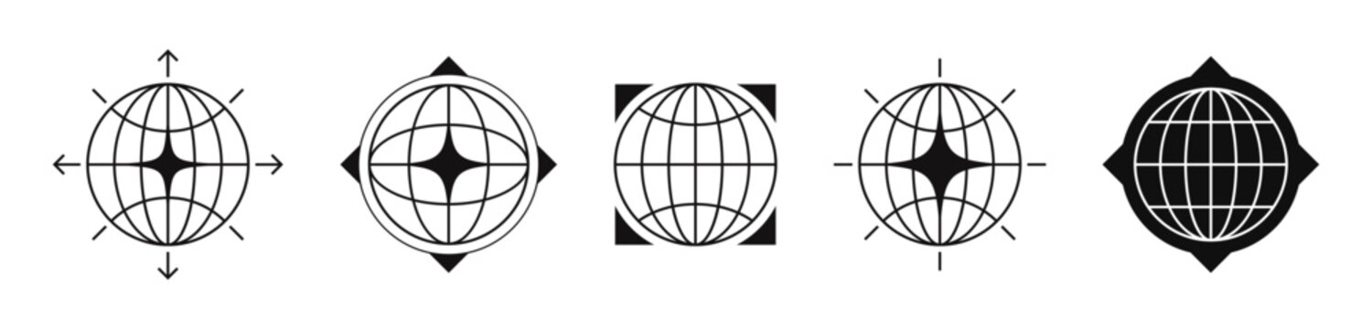 World globe grids in circle form with stars and arrow shapes. Linear striped spheres, earth latitude and longitude line grid. Retro futuristic design elements. Vector illustration.