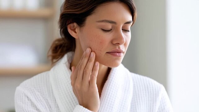 Woman Touching Inflamed Acne on Cheek in Bathroom Mirror