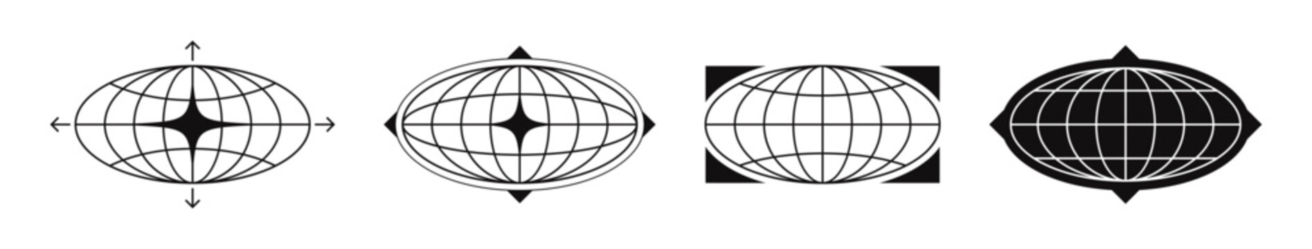 World globe grids in oval form with stars and arrow shapes. Linear striped spheres, earth latitude and longitude line grid. Retro futuristic design elements. Vector illustration.