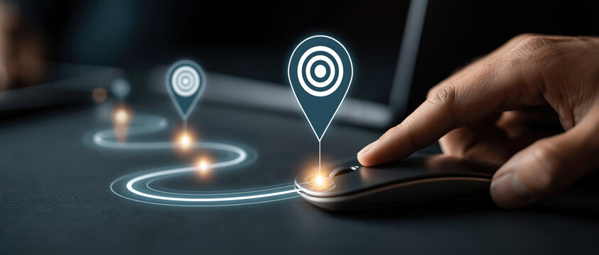 Strategic planning concept for digital marketers and business designers. A hand navigates a glowing route with location pin targets, symbolizing goalsetting, campaign milestones, and.