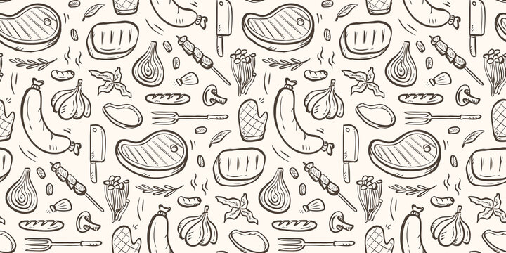 BBQ party doodle background. barbecue meal pattern background. Grill food and vegetable seamless pattern. Picnic food ingredients hand drawn pattern with onion, sausage, mushroom, meat, knife, fork.