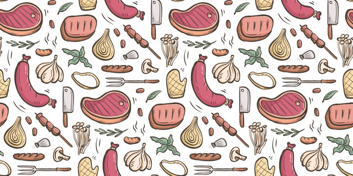 BBQ party doodle background. barbecue meal pattern background. Grill food and vegetable seamless pattern. Picnic food ingredients hand drawn pattern with onion, sausage, mushroom, meat, knife, fork.