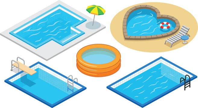 Isometric Swimming Pool Vector Icon Set Featuring Backyard Pools Inflatable Ring Heart Shape Design Diving Board and Umbrella for Summer Layouts