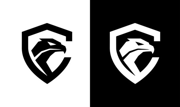 Eagle head logo icon with geometric letter C shield monogram for cyber security