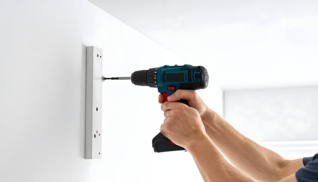 Persona usando taladro el&eacute;ctrico para instalar una pieza met&aacute;lica en pared blanca durante una tarea de bricolaje dom&eacute;stico